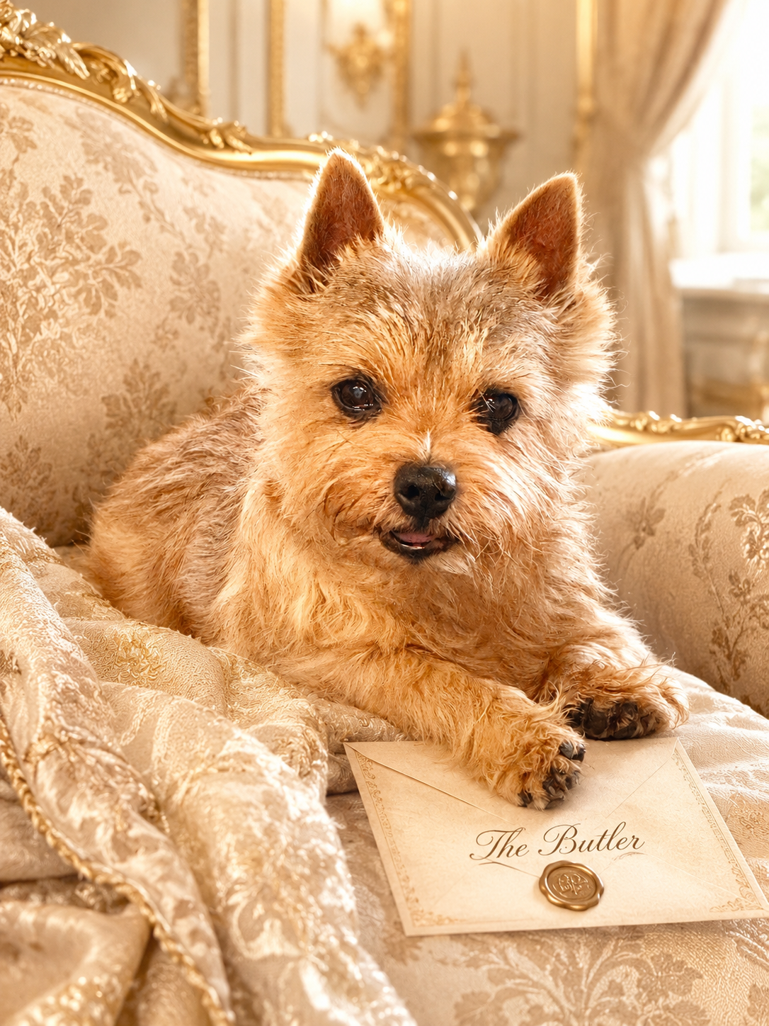 Lady Petunia resting on a gilded armchair beside an envelope sealed for the Butler