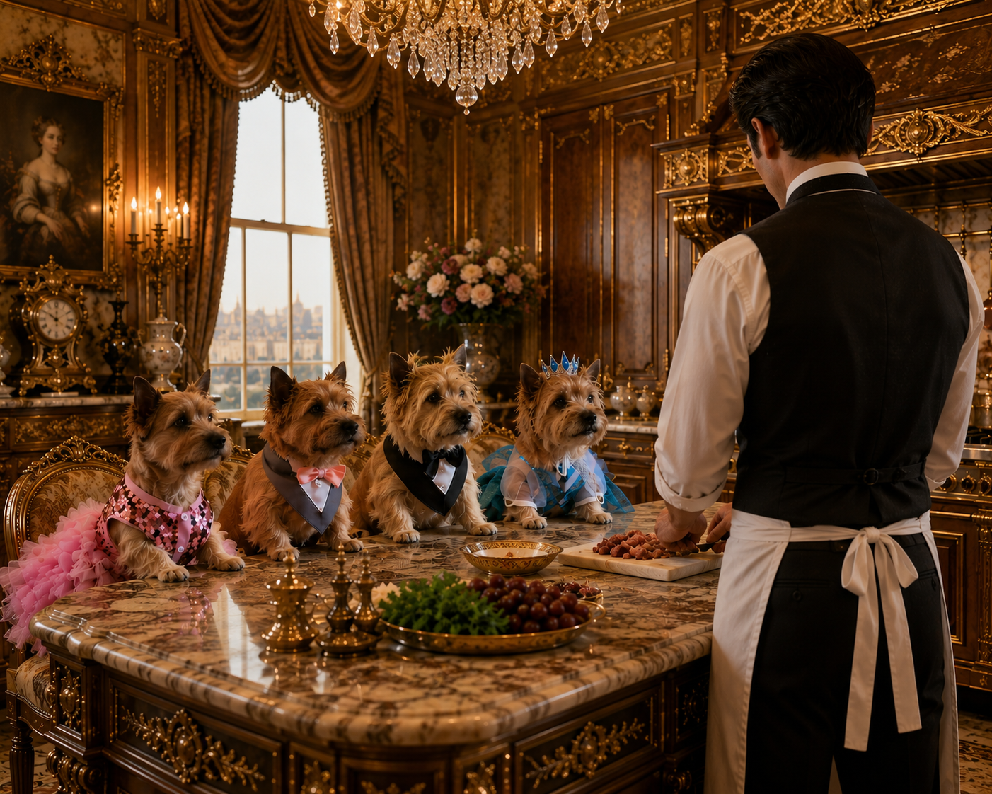 The Butler preparing breakfast on the marble island while the Quartet watches
